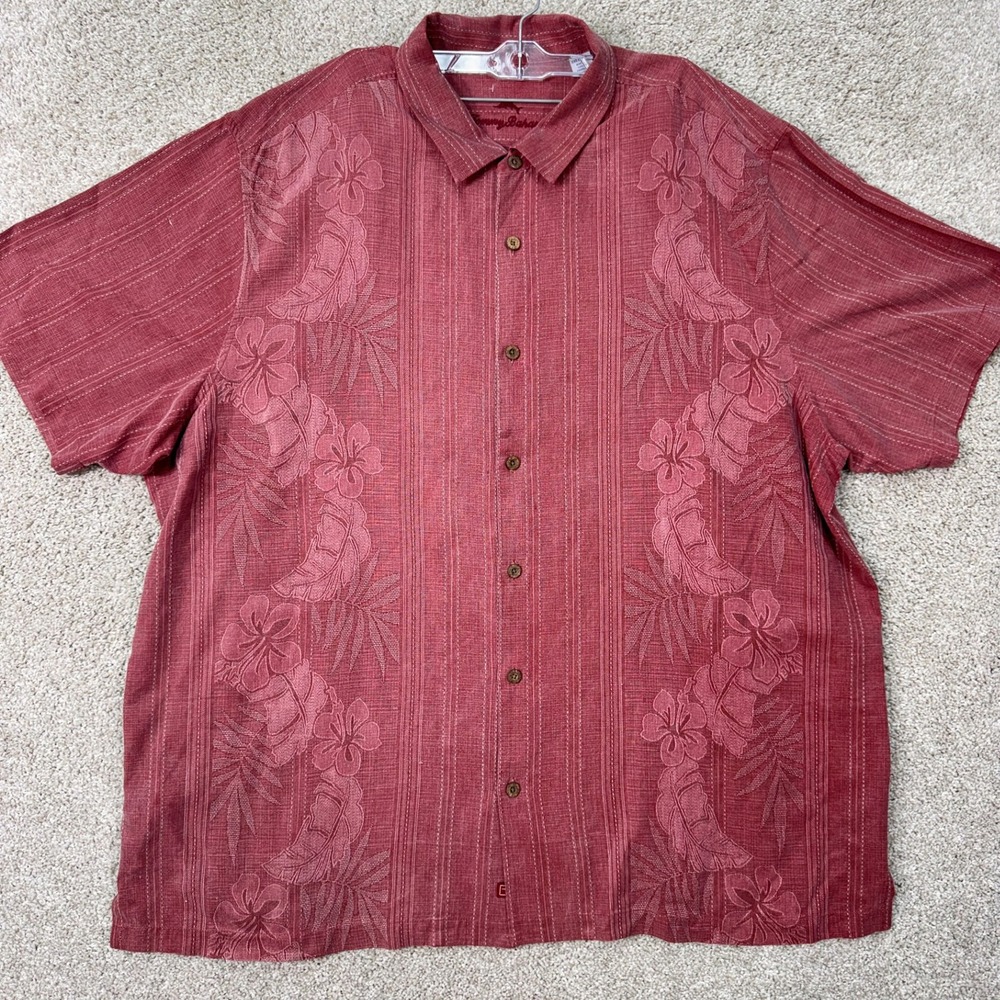 Tommy Bahama Shirt Mens 3XLT Silk Jacquard Floral Red Short Sleeve Button EUC